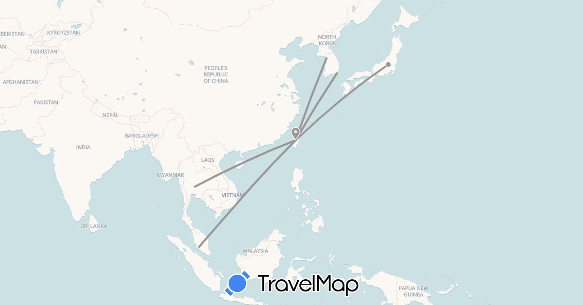 TravelMap itinerary: driving, plane in Japan, South Korea, Malaysia, Thailand, Taiwan (Asia)